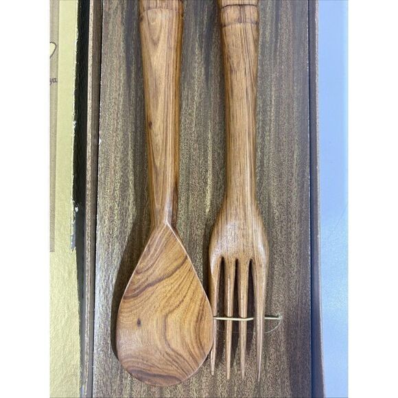 Vintage Salad Server Set African Kenya Mvule Wood Fork Spoon New w/Box - Picture 3 of 6